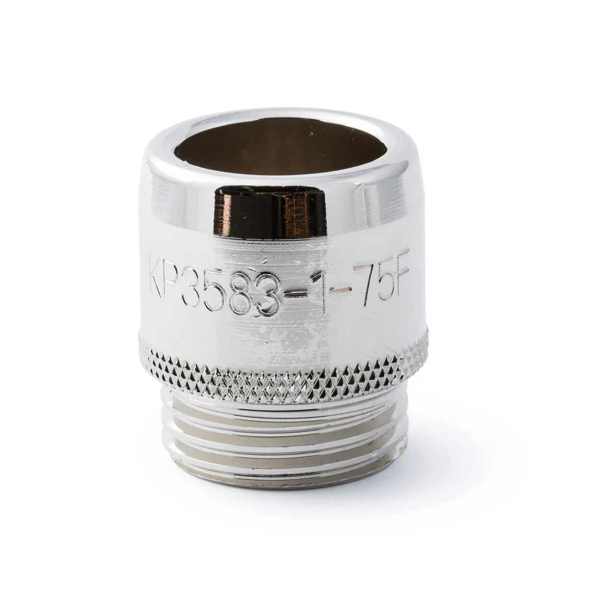 A cylindrical, silver Lincoln Magnum PRO 550A Heavy Duty Gas Nozzle, front end flush, threaded (3/4 in. ID KP3583-1-75F), with engraved text and knurled base edges, stands upright on a white background.