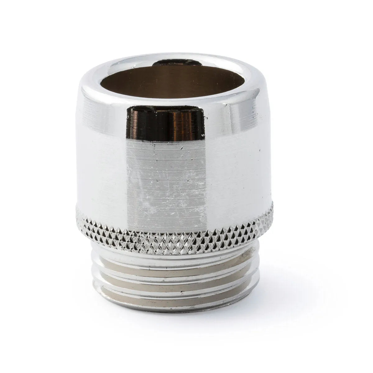 A close-up of the Lincoln Magnum PRO 550A Heavy Duty Gas Nozzle Front End Flush, Thread-On, 3/4 in. ID (KP3583-1-75F) shows its shiny metallic finish and knurled grip, with a spatter-resistant design against a white background.