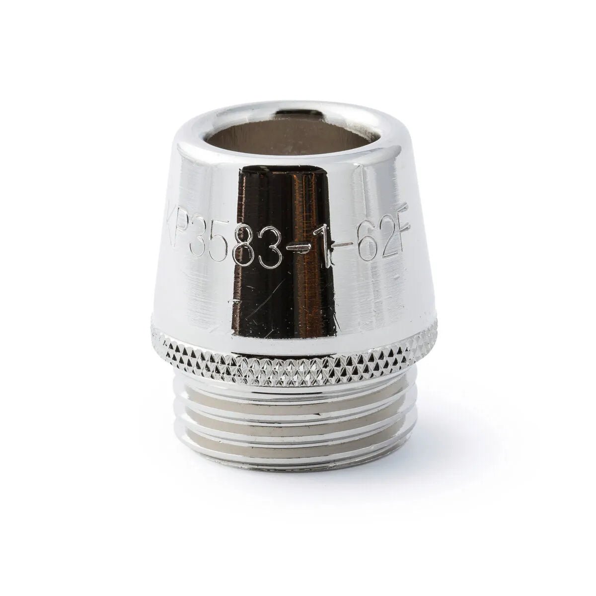 A close-up of the Lincoln Magnum PRO 550A Heavy Duty Gas Nozzle Front End Flush, Thread-On, 5/8 in. ID (KP3583-1-62F-B25), shows its shiny metallic cap with engraved 3583-1-62F and a knurled grip section.