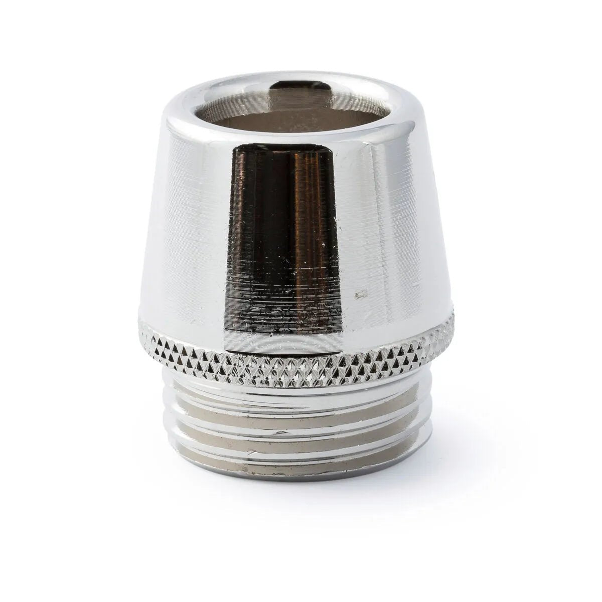 A Lincoln Magnum PRO 550A Heavy Duty Gas Nozzle, front end flush, thread-on, 5/8 in. ID (25/pack), features a conical silver body, wide circular opening, and spatter-resistant textured grip near the threaded base. Isolated on white.
