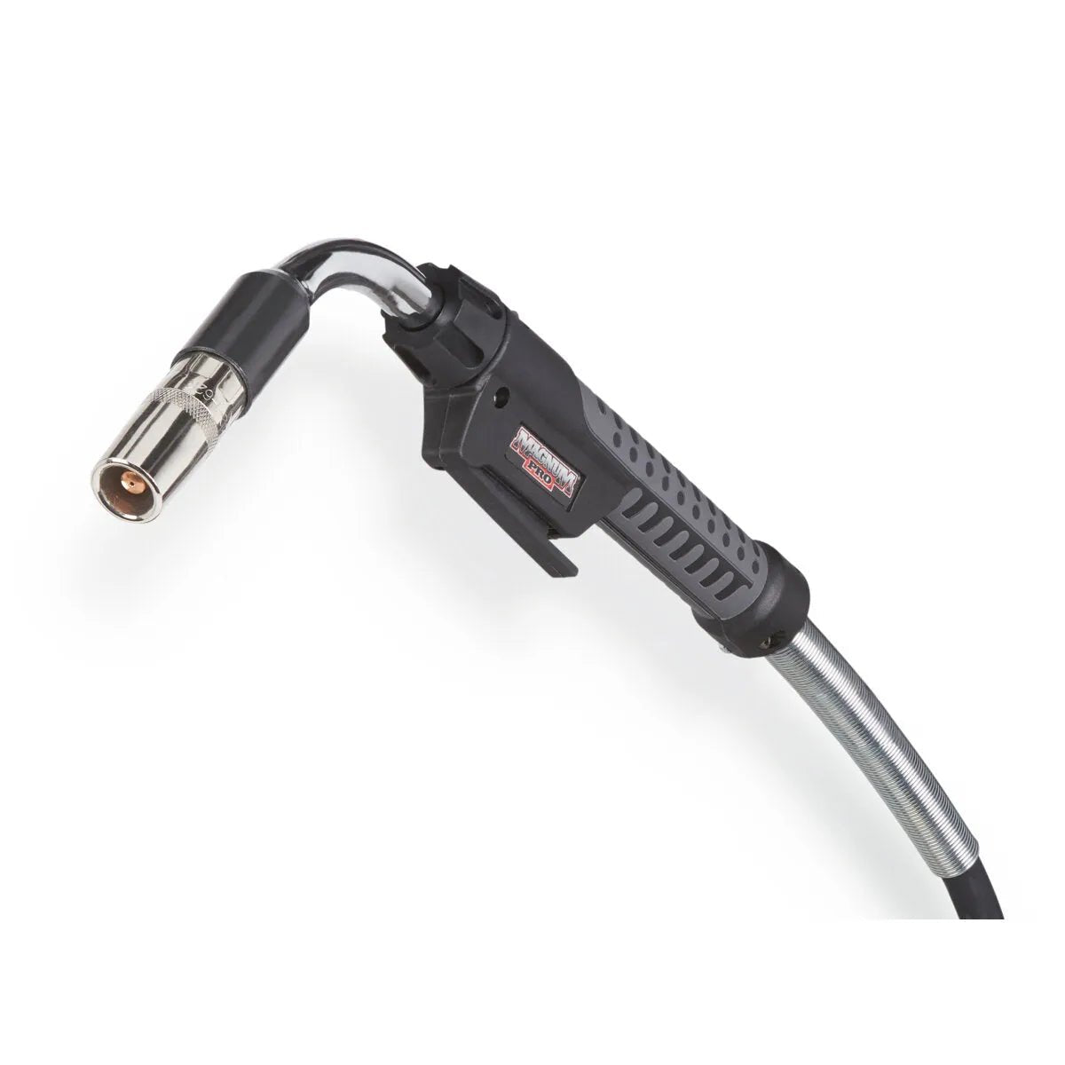 Lincoln Magnum PRO Barrel HDE 250 .045" 15 ft welding gun with curved nozzle, ergonomic handle, and protective cable sleeve.