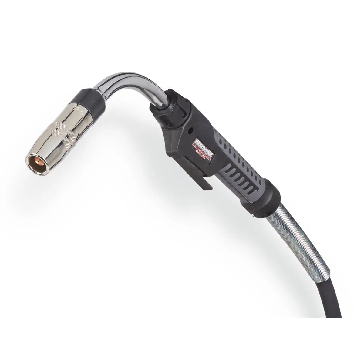 Lincoln Magnum PRO Barrel HDE 350 15 ft K4857-2 MIG welding gun with black handle, trigger, nozzle, and flexible cable on white.