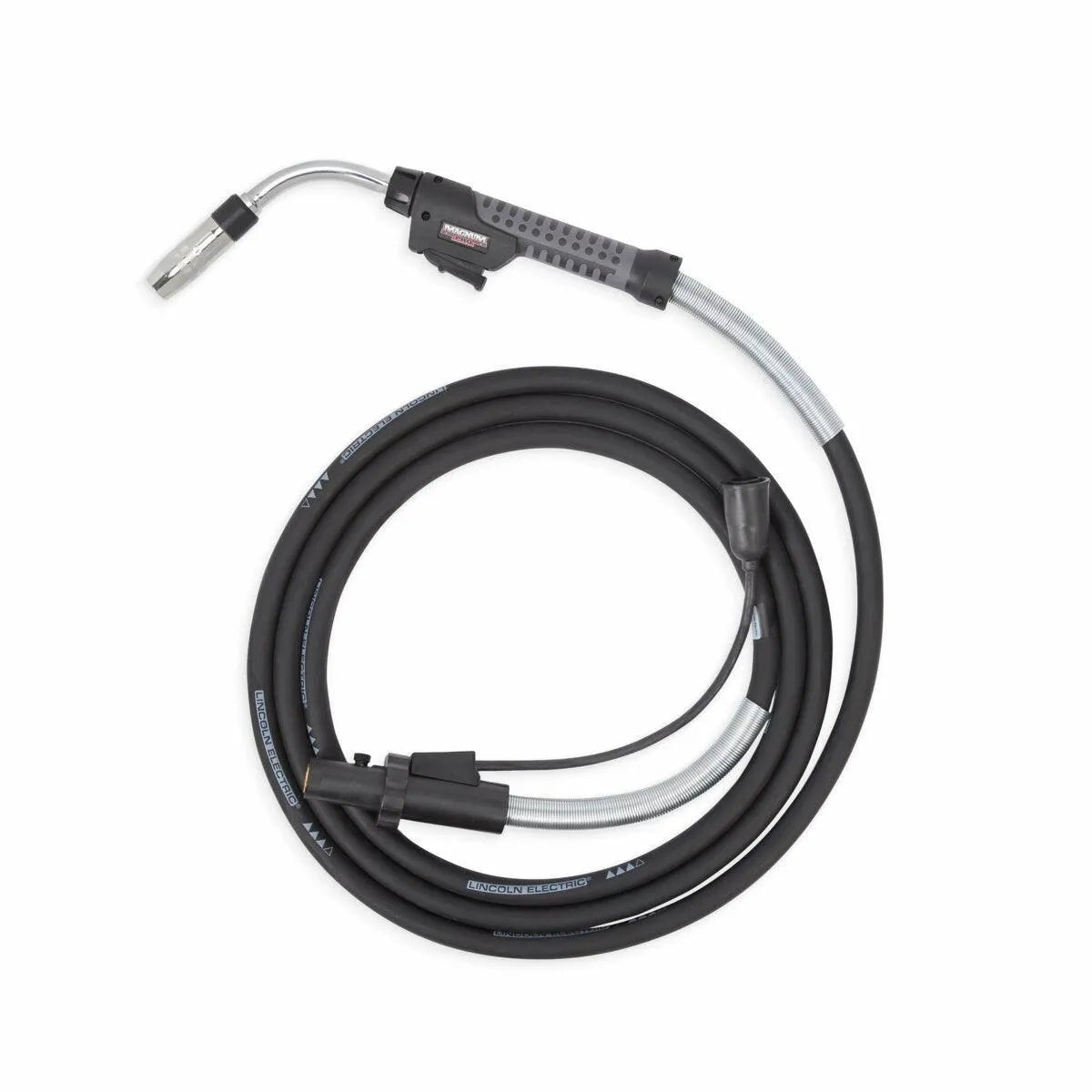 Lincoln Magnum PRO Barrel HDE 350 Dual Schedule 15ft K5306-2 MIG welding gun with cable, silver nozzle, ergonomic handle coiled.