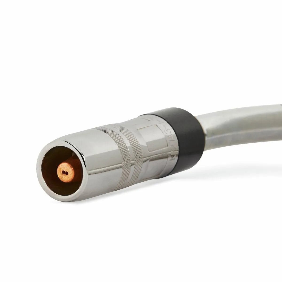 Close-up of Lincoln Magnum PRO Curve HDE 350 welding cable, metallic connector, copper core, silver wire, black band detail.