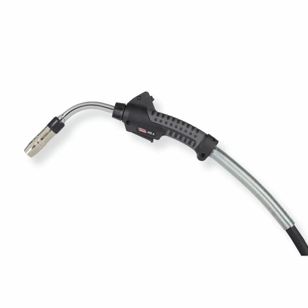 Lincoln Magnum PRO Curve HDE 450 Dual Procedure 15ft K5299-2 welding gun with curved nozzle, textured handle, and cable cover.