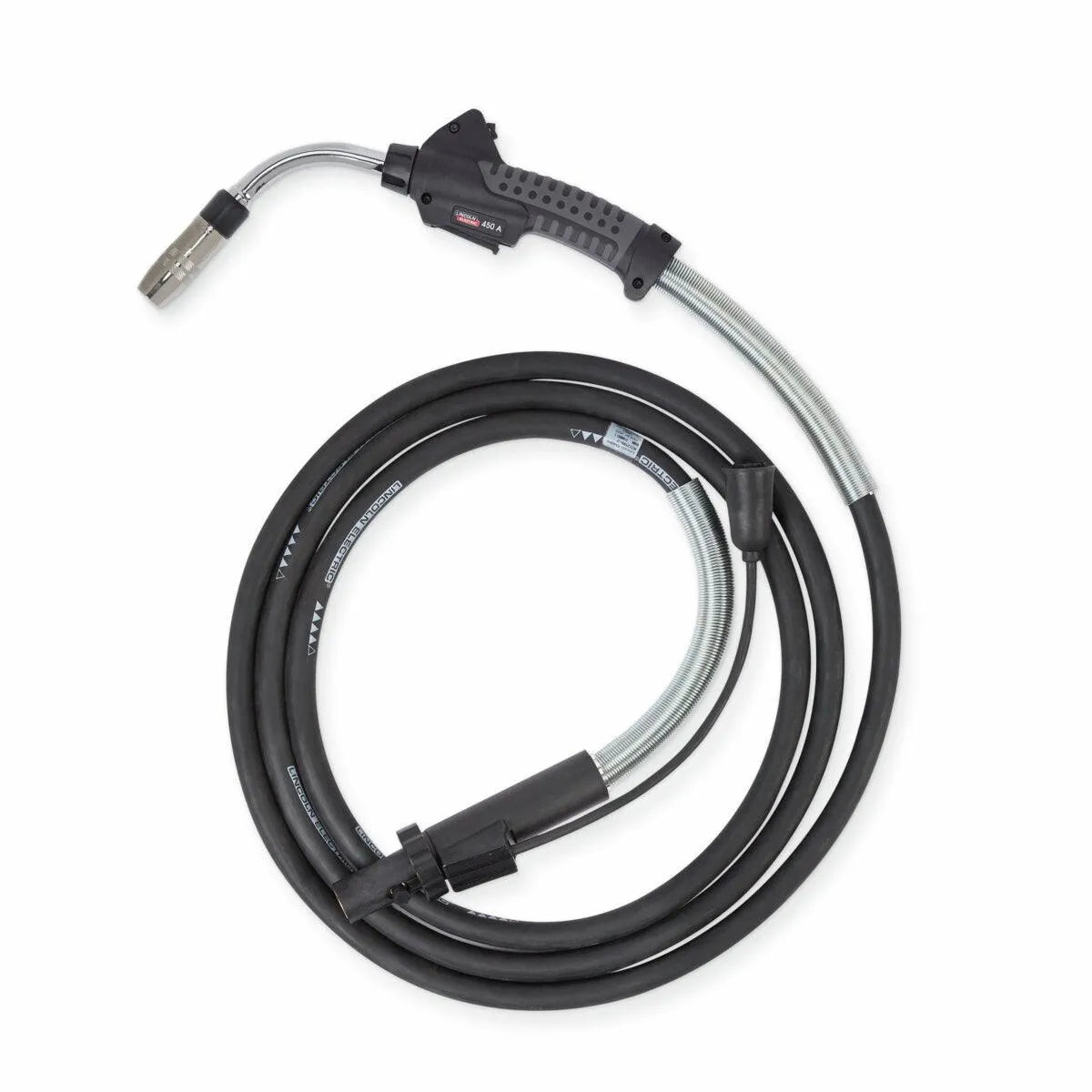 Lincoln Magnum PRO Curve HDE 450 Dual Procedure 15ft K5299-2 welding gun with black handle, coiled hose, and metal nozzle.