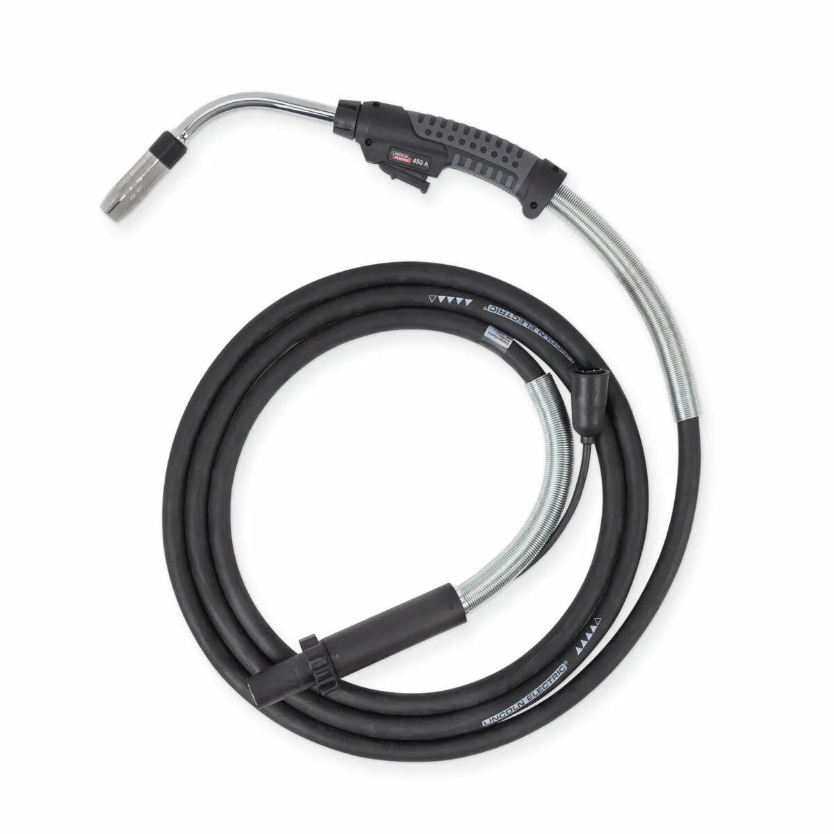 Lincoln Magnum PRO Curve HDE 450 Dual Schedule 15ft K5300-2 MIG welding gun, ergonomic handle, coiled cable, metal nozzle.