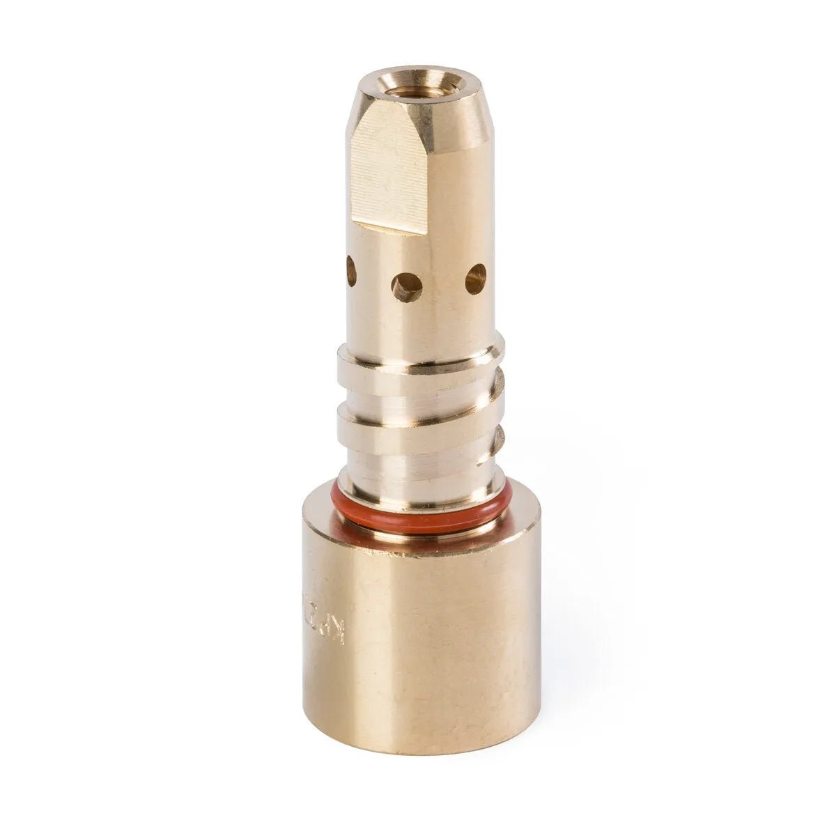 A brass cylindrical valve component with precision grooves, holes, and a red O-ring, similar to those found in Lincoln gas diffusers for welding guns, stands upright on a white background.