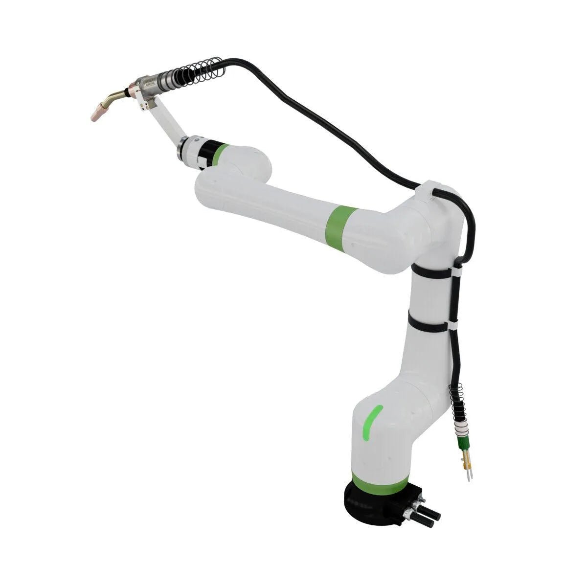Lincoln Magnum PRO water-cooled robotic welding torch One-Pak K5415-11 on white-green industrial robot arm, WeldingMart accessory.