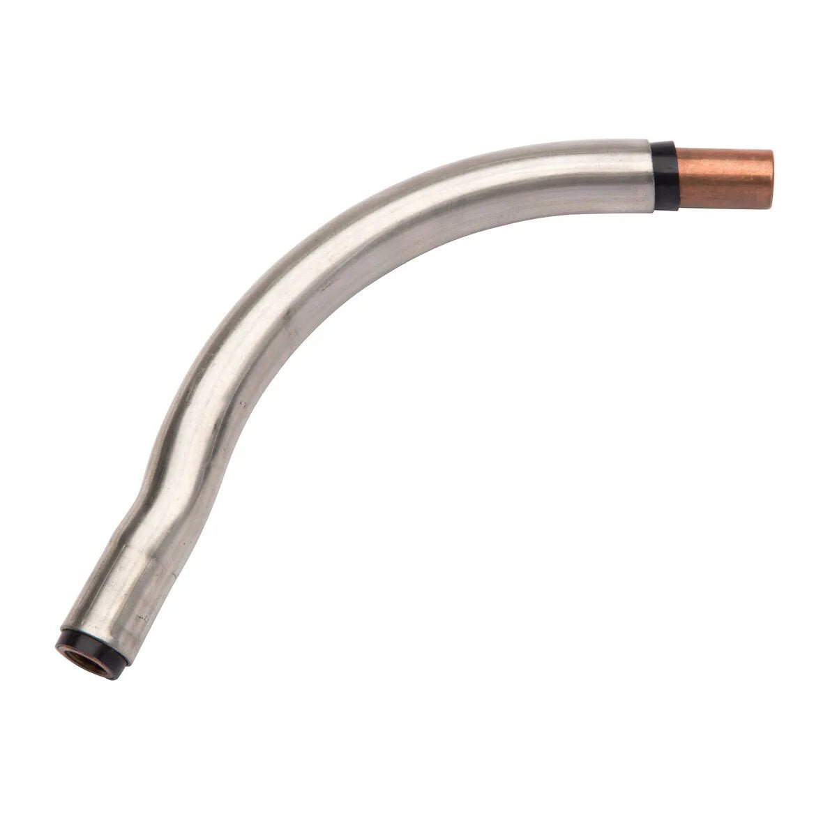 The Lincoln Magnum PRO Gun Tube 30°, Non-Reverse Bend, 12 (KP2906-30-L) is a curved metal tube with a silver body and copper ends—one flared, one cylindrical—designed for welding or industrial equipment applications.
