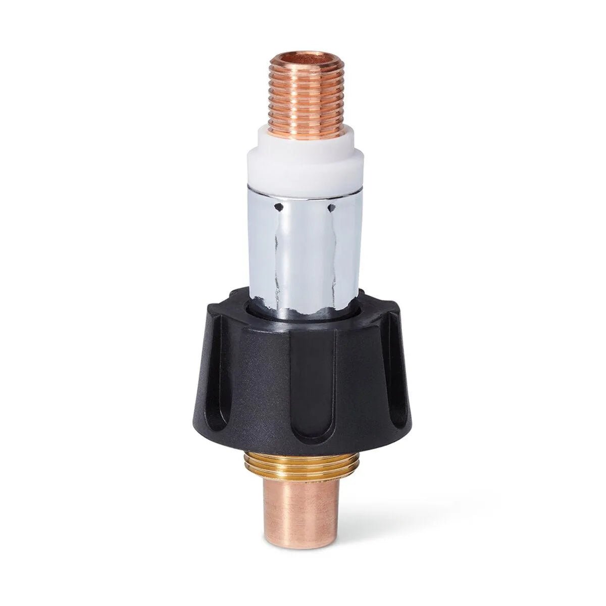 Lincoln Magnum PRO HDE Flexible Gun Tube Adapter KP5146-1 for welding torches, brass, copper, chrome, black grip on white background.