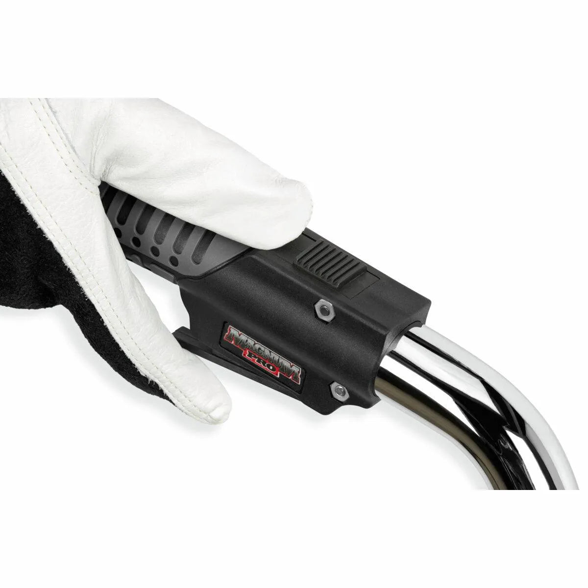Gloved hand holding Lincoln Magnum PRO LFG 350 Fume Gun K4464-2 welding tool with chrome lever, grip, and fume extraction.