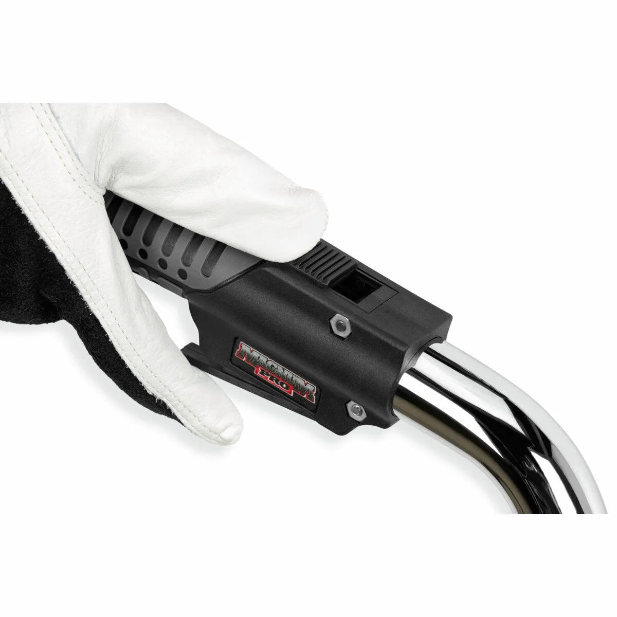 Gloved hand holding Lincoln Magnum PRO LFG 350 Fume Gun K4464-2 welding tool, trigger and nozzle shown, on white background.