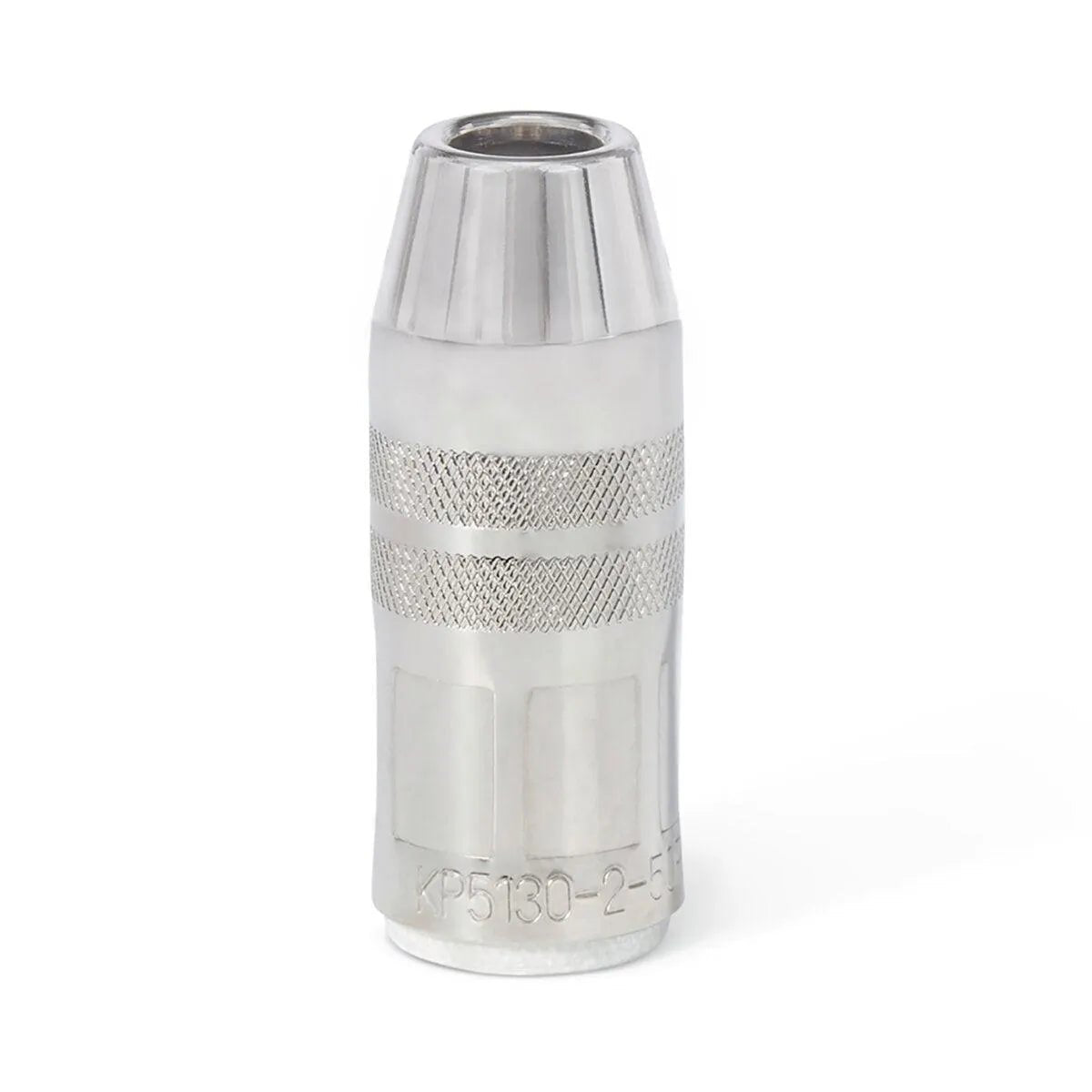 A shiny, cylindrical Lincoln Magnum PRO Nozzle 550A, Slip-on, Recess, 1/2 in (12.7 mm) ID KP5130-2-50R stands upright on a white background. It features a tapered top, knurled midsection grip, and spatter resistant finish.