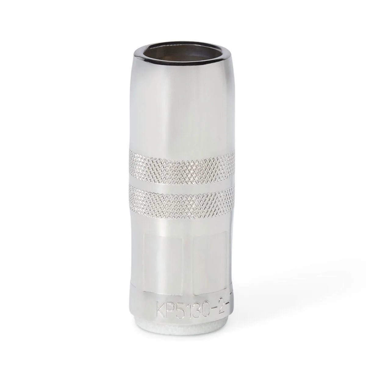 A shiny, cylindrical metal nozzle with a central knurled grip and KP5130-2-75S engraved on the lower section, resembling the Lincoln Magnum PRO 550A Slip-on Nozzle, 3/4 in (19.1 mm) ID, with a hexagonal opening and reflective finish.