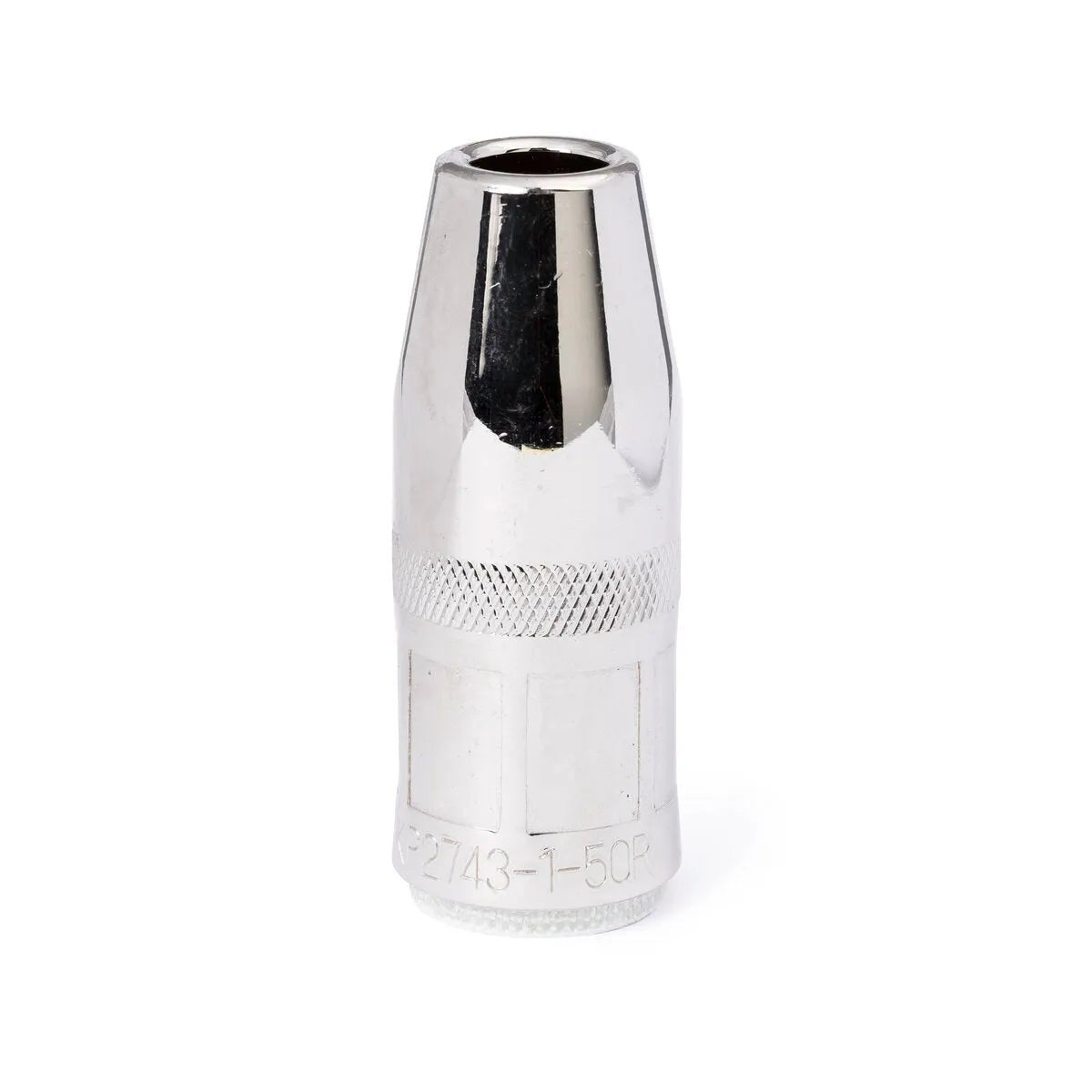 A Lincoln Magnum PRO Nozzle 550A, Thread-on, Recess, 1/2 in (12.7 mm) ID KP2743-1-50R stands upright on a white background, featuring a shiny, silver cylindrical body with a textured grip and engraved identification near its base.