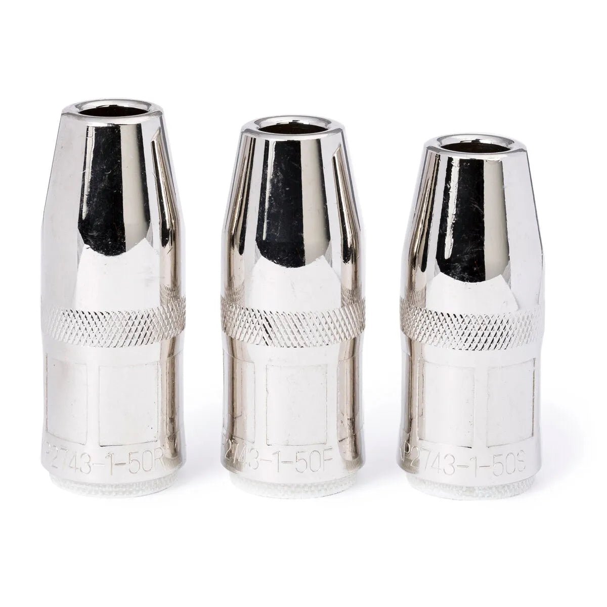 Three identical Lincoln Magnum PRO Nozzle 550A, Thread-on, Recess, 1/2 in ID KP2743-1-50R stand upright side-by-side on a white background. Each shiny nozzle is cylindrical with a tapered top, knurled grips, and engraved text near the base.