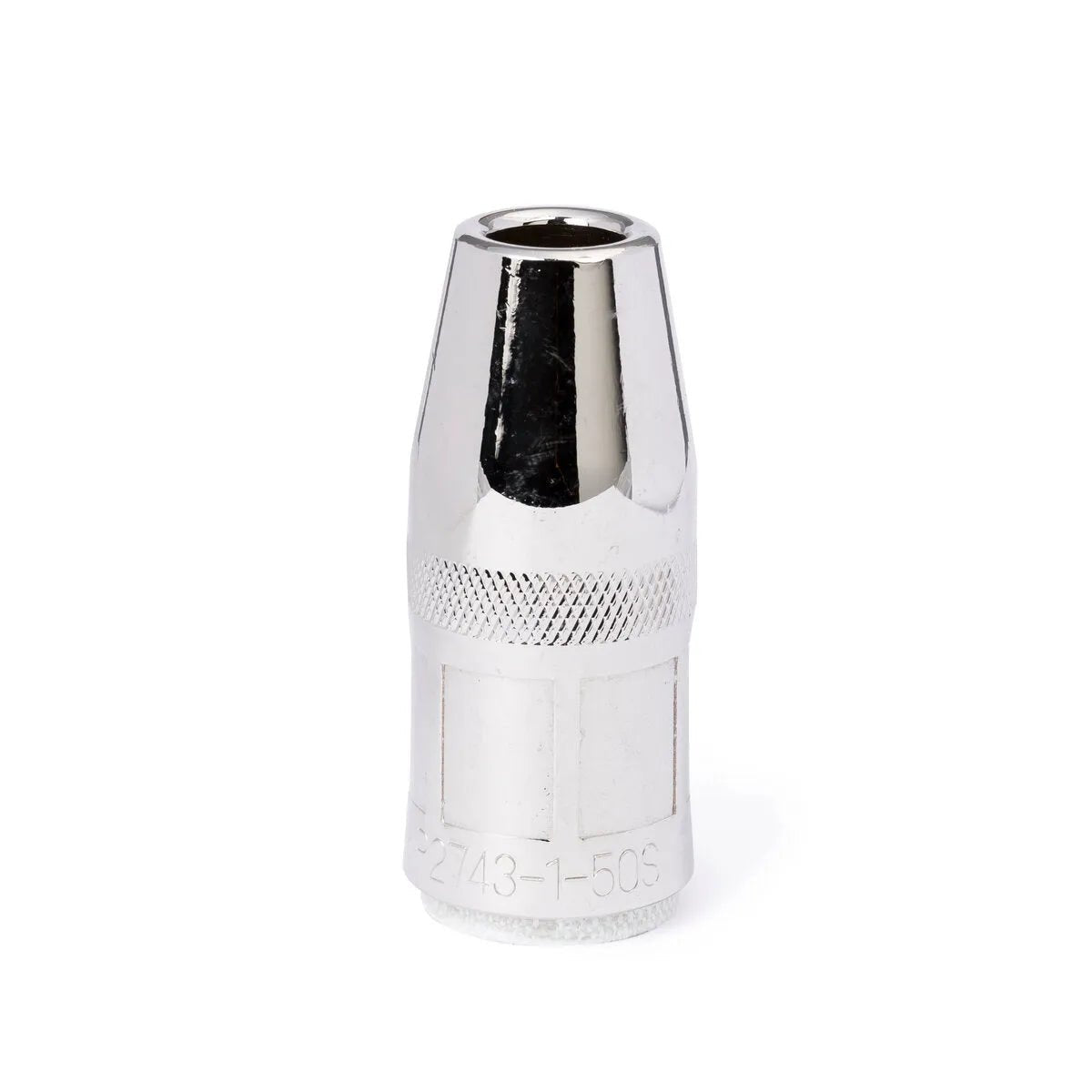 A shiny Lincoln Magnum PRO Nozzle 550A, Thread-on, Stickout, 1/2 in (12.7 mm) ID KP2743-1-50S stands upright on a white background. The metallic cylindrical socket tapers slightly and features a knurled grip and engraved markings.