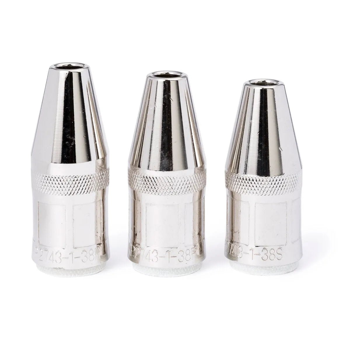 Three Lincoln Magnum PRO Nozzle 550A KP2743-1-38S attachments, each with a 3/8 in (9.5 mm) ID, stand upright on a white background. They feature knurled grips, hexagonal bases, and engraved markings near the bottom.