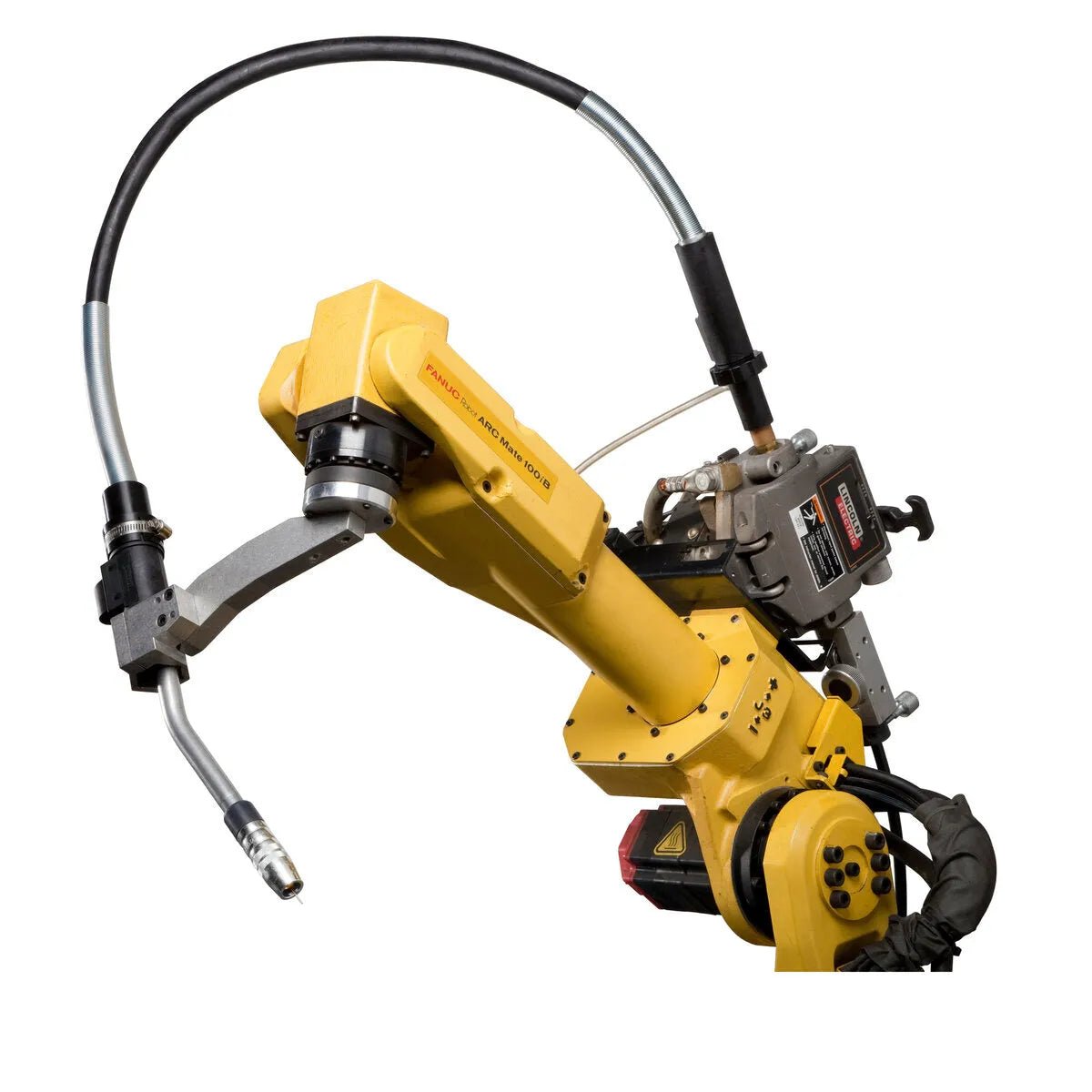 A yellow industrial robotic arm with a black hose is equipped with the Lincoln Magnum PRO Robotic 550 Welding Gun, External Dress 11 ft. K2647-11, featuring multiple joints and a control box, set against a plain white background.