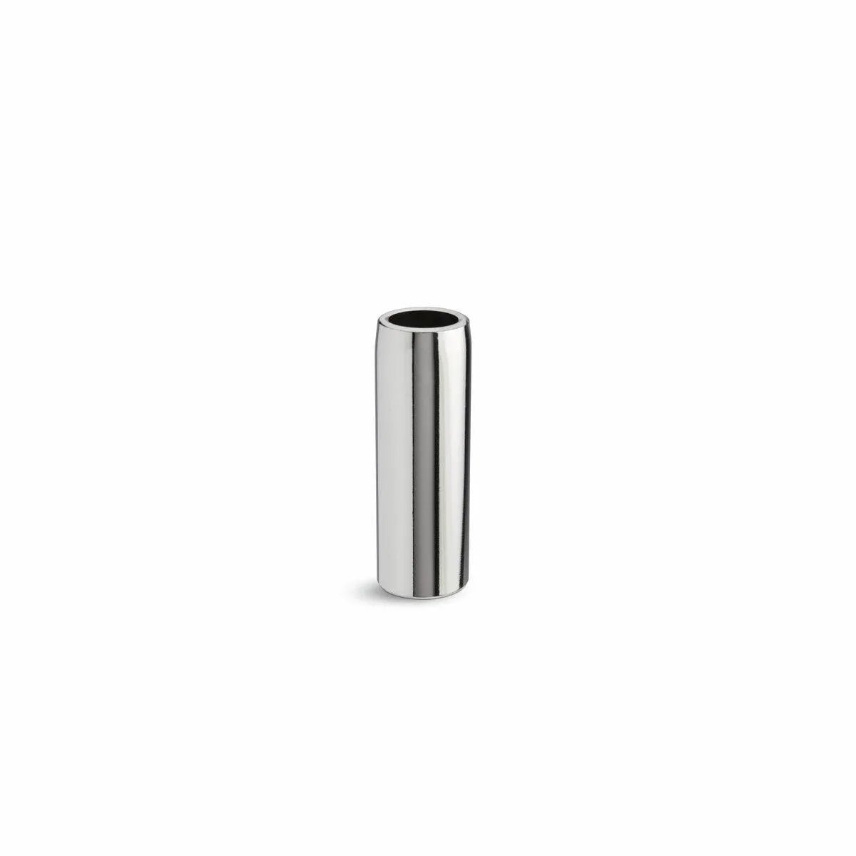 A shiny, cylindrical metal vase stands upright on white, its smooth, reflective sides resembling the Lincoln Magnum PRO Water-Cooled Gas Nozzle Thread-On, 1/4 in. Recess, 3/4 in. ID (KP4523-3-75R-B25), with an open top and no decorations or handles.