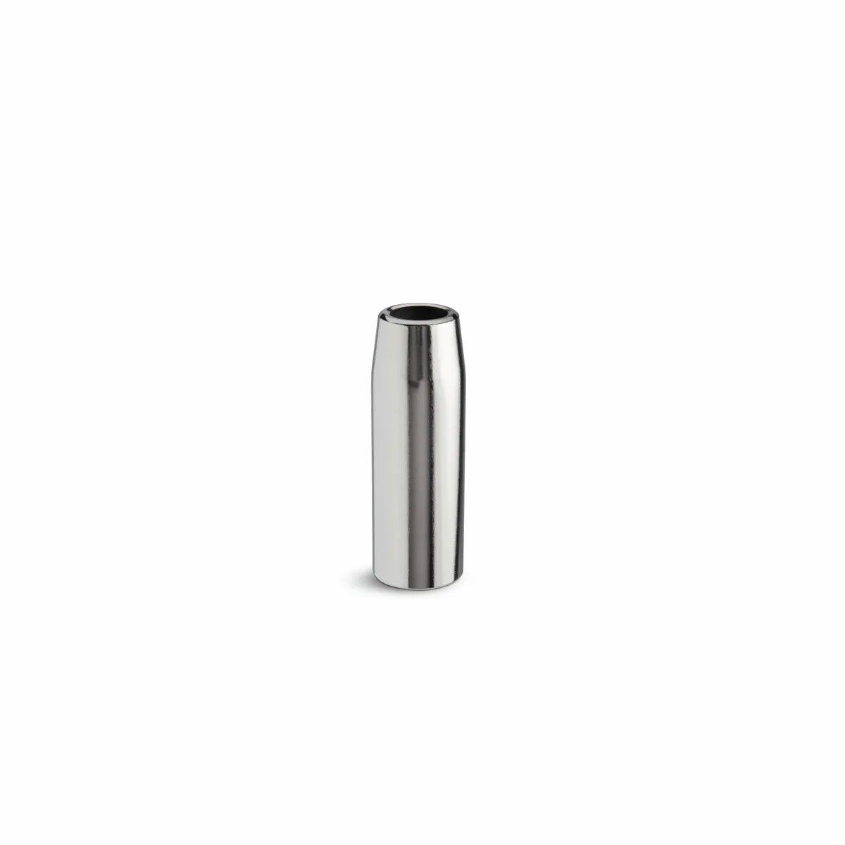 A shiny, cylindrical metal object with a smooth, reflective surface stands upright. It resembles the Lincoln Magnum PRO Water-Cooled Gas Nozzle Thread-On, 1/8 in. Stickout, 5/8 in. ID 25/pack KP4523-1-62S-B25.