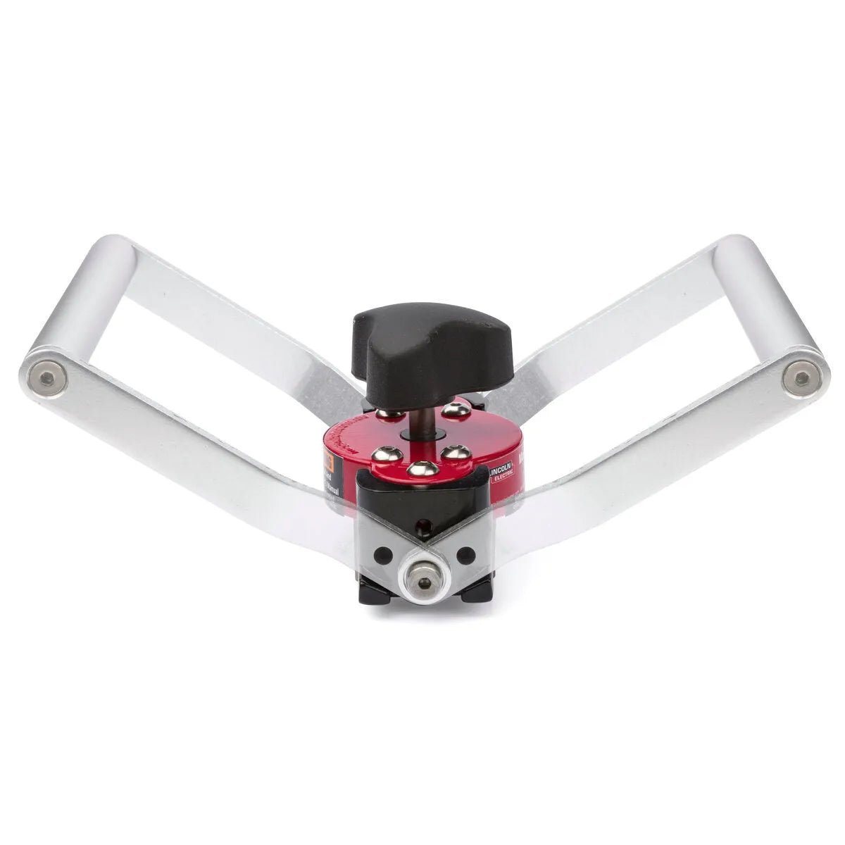The Lincoln Manual Hand Lifter K3311-1 features two silver handles, a central red and black circular clamp, and a black turning knob. Shown from the front against a white background, it is designed to grip and easily open jar lids.