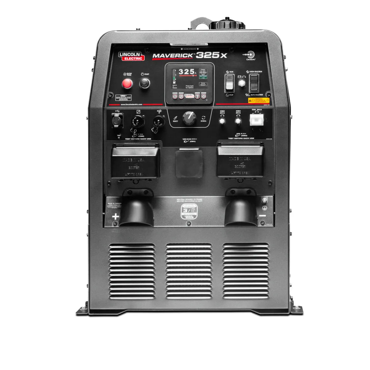 Front of Lincoln Maverick 325X Kubota Welder/Generator K3581-1, portable welding equipment with control panel, ports, branding.