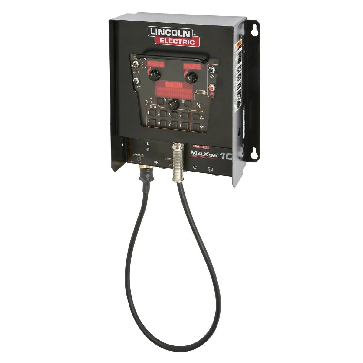 A black Lincoln MAXsa 10 CONTROLLER K2814-4 has red buttons, switches, a display screen, and a coiled black cable at the bottom. The unit is mounted on a metal bracket against a white background.