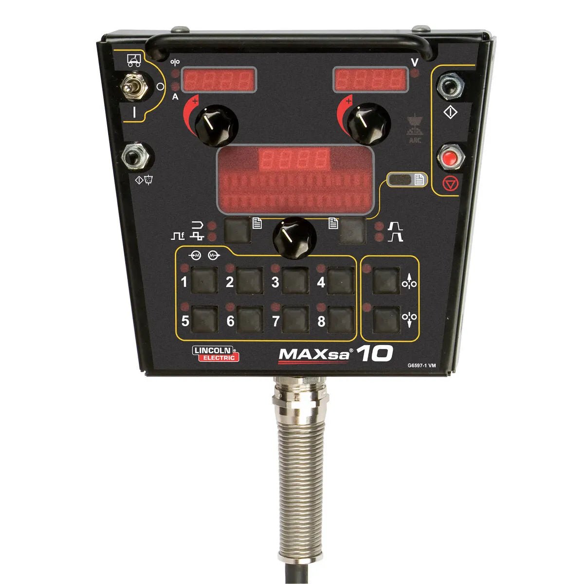 A close-up of the Lincoln MAXsa 10 CONTROLLER K2814-4 panel shows knobs, digital AC/DC welding parameter displays, indicator lights, a numeric and arrow keypad, and a flexible metal cable extending from the bottom.