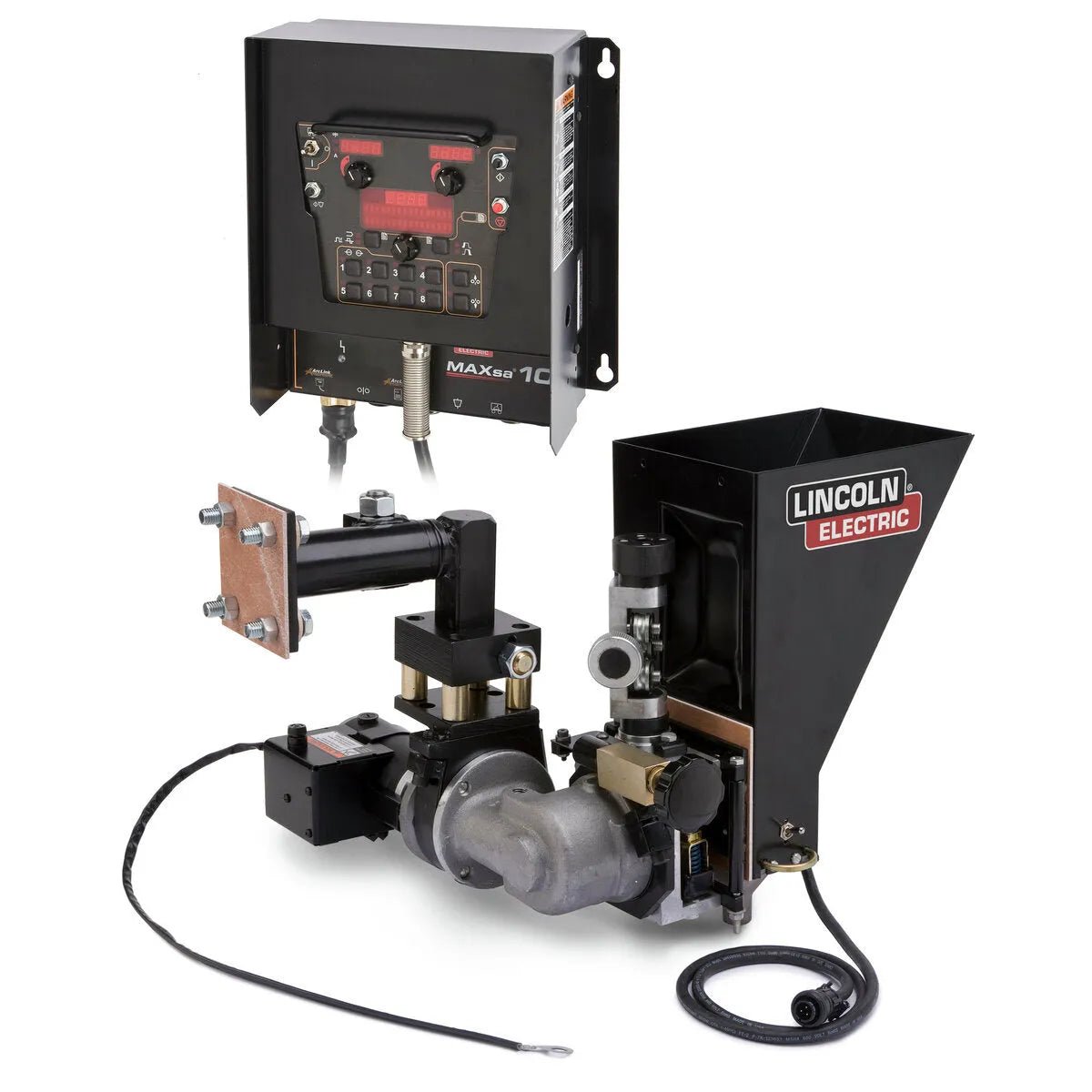 The Lincoln MAXsa 10 CONTROLLER K2814-4, a digital welding wire feeder system with motor, connectors, wire spool holder, and black metal hopper labeled Lincoln Electric, is mounted on a wall bracket with multiple cables extending from it.