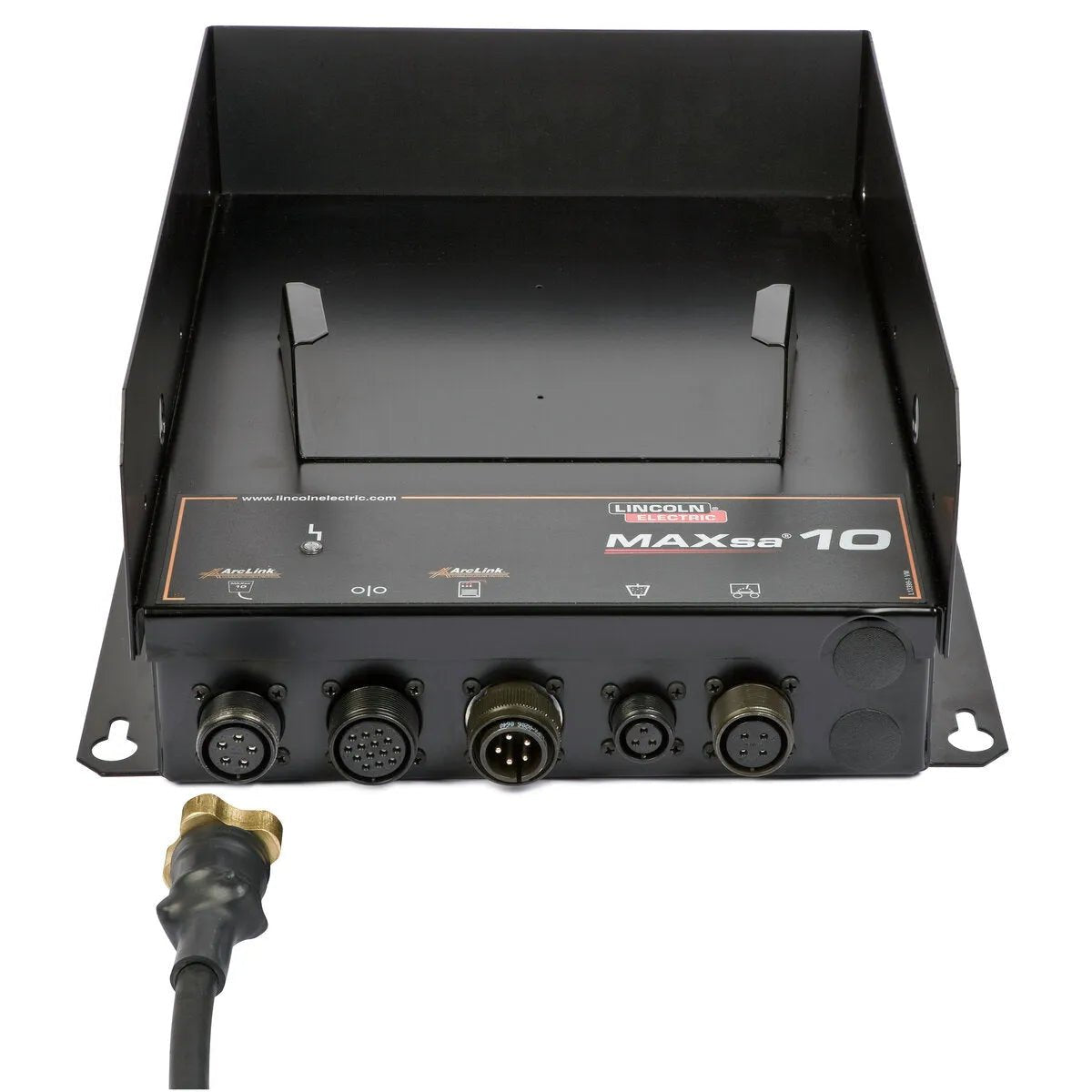 The Lincoln MAXsa 10 CONTROLLER K2814-4 is a black electronic device featuring a slanted open tray, four round welding controller ports with connectors, buttons, status icons, and a thick black cable on the leftmost port, set against a white background.