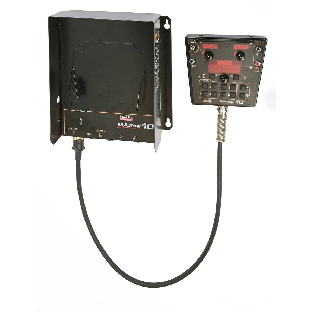 A black Lincoln MAXsa 10 CONTROLLER K2814-4 is an industrial welding unit with a wall-mounted rectangular control box and a handheld panel, featuring buttons, switches, knobs, and a red digital display for AC/DC welding parameters.