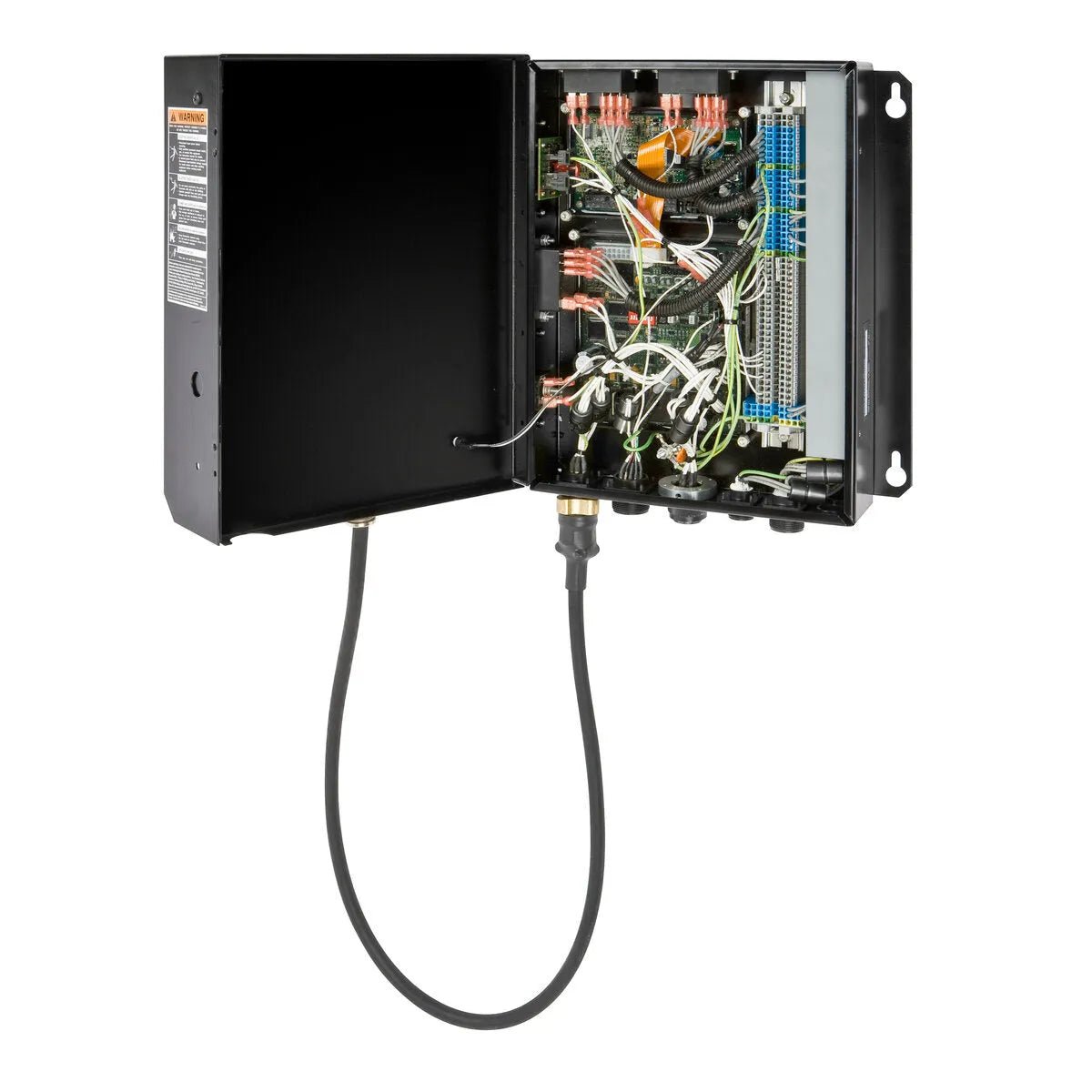 An open Lincoln MAXsa 10 CONTROLLER K2814-4 is mounted on a wall, showing multicolored wires and circuit components inside. It manages AC/DC welding parameters and has warning labels on the inner door.