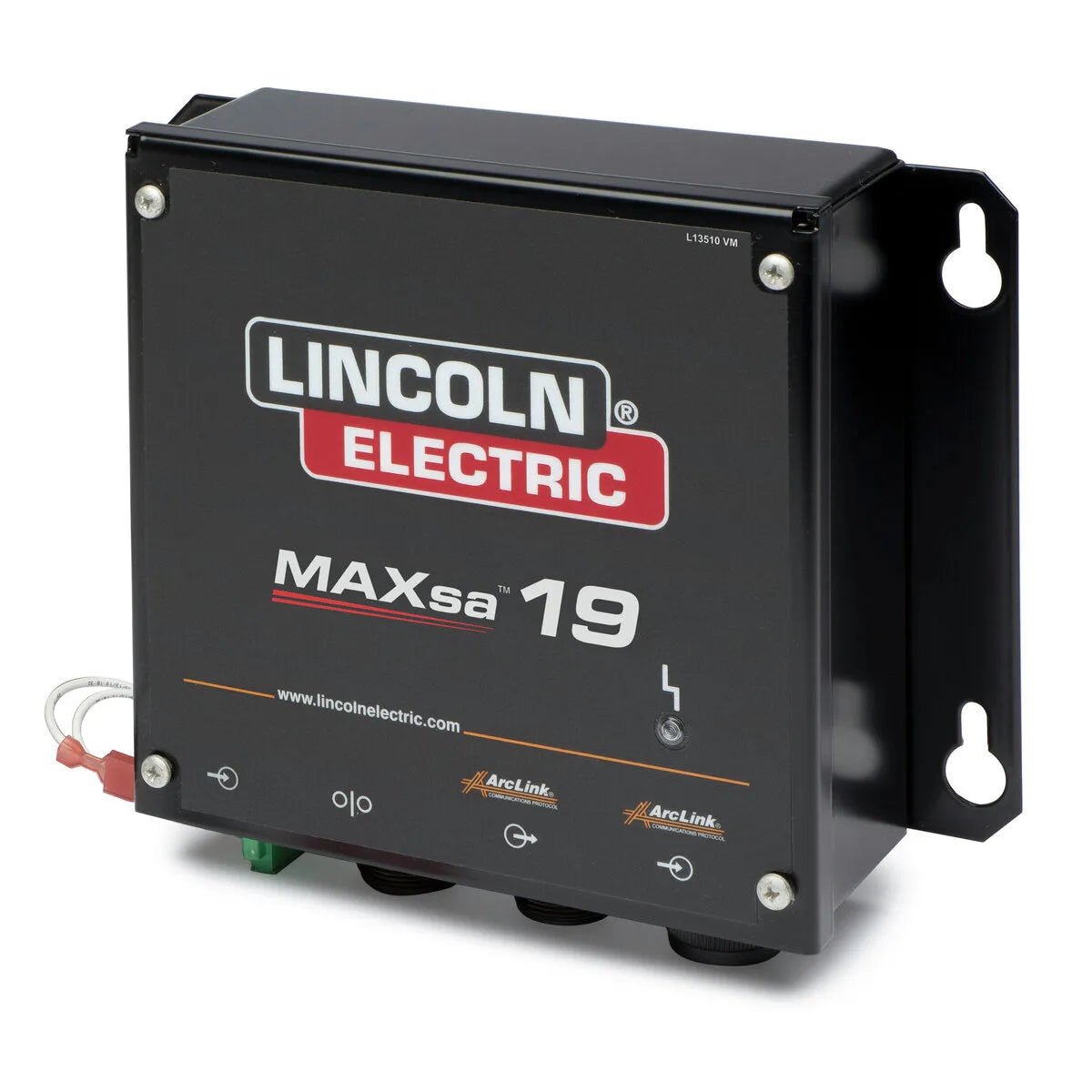 A black Lincoln MAXsa 19 Controller K2626-4 is shown, featuring the Lincoln Electric logo, ArcLink branding, visible mounting brackets, and electrical connectors, designed for fabrication integrator solutions.