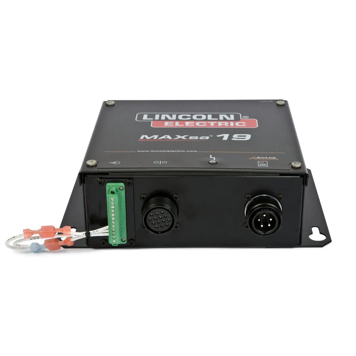 A black rectangular Lincoln MAXsa 19 Controller K2626-4 features two circular multi-pin connectors and a green terminal block on its front panel. The top shows the Lincoln logo and product name in white and red print, ideal for fabrication integration.