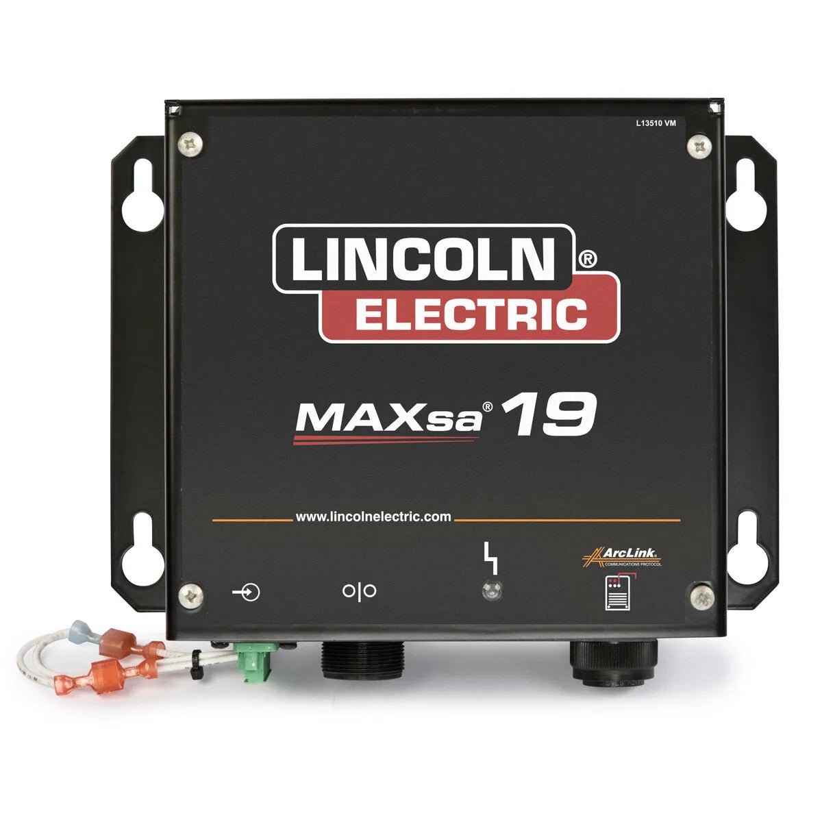 The Lincoln MAXsa 19 Controller K2626-4 is a black rectangular device with white text, red logo, and icons on the front panel. It has four mounting holes, two large black cable ports, and three colored wires with connectors on the left side.