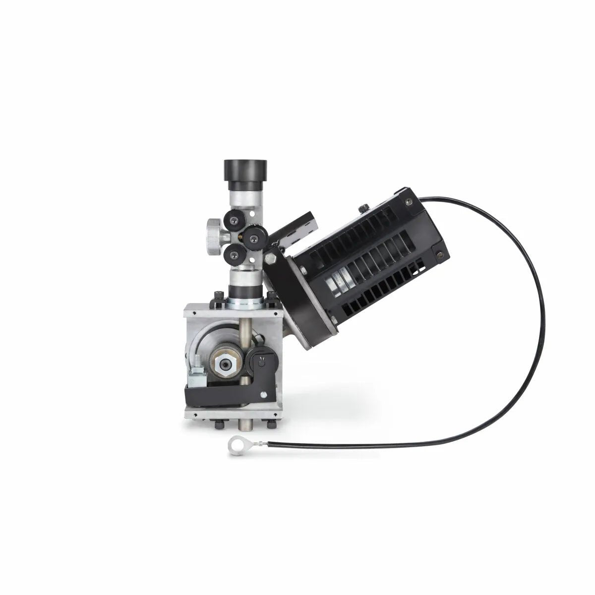 The Lincoln MAXsa 29 Feed Head K2312-2 features a metal housing, angled black motor, ventilation slots, wire feed speed adjustment knobs, and a cable with circular connector—ideal for submerged arc automation.