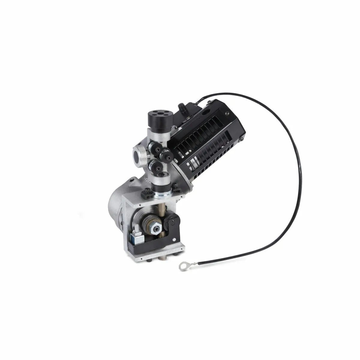 The Lincoln MAXsa 29 Feed Head K2312-2 is a compact metallic unit with a cylindrical motor, black vented casing, visible gears, connectors, wire feed speed control wiring, and a circular connector—ideal for submerged arc automation.