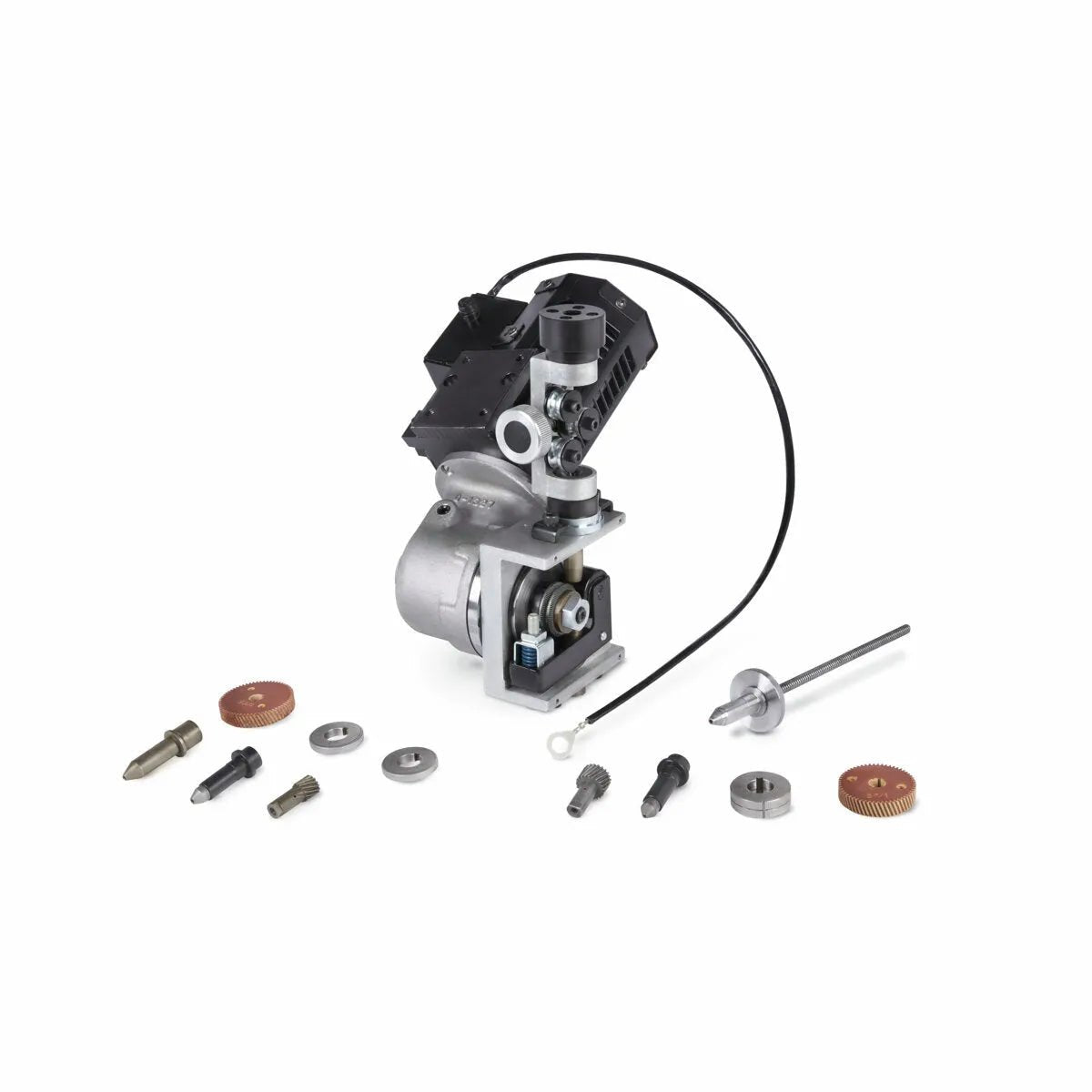 A disassembled Lincoln MAXsa 29 Feed Head K2312-2, featuring a compact engine unit with wire feed speed control, metal bolts, screws, rods, and two copper-colored toothed gears, all neatly arranged on a white background.