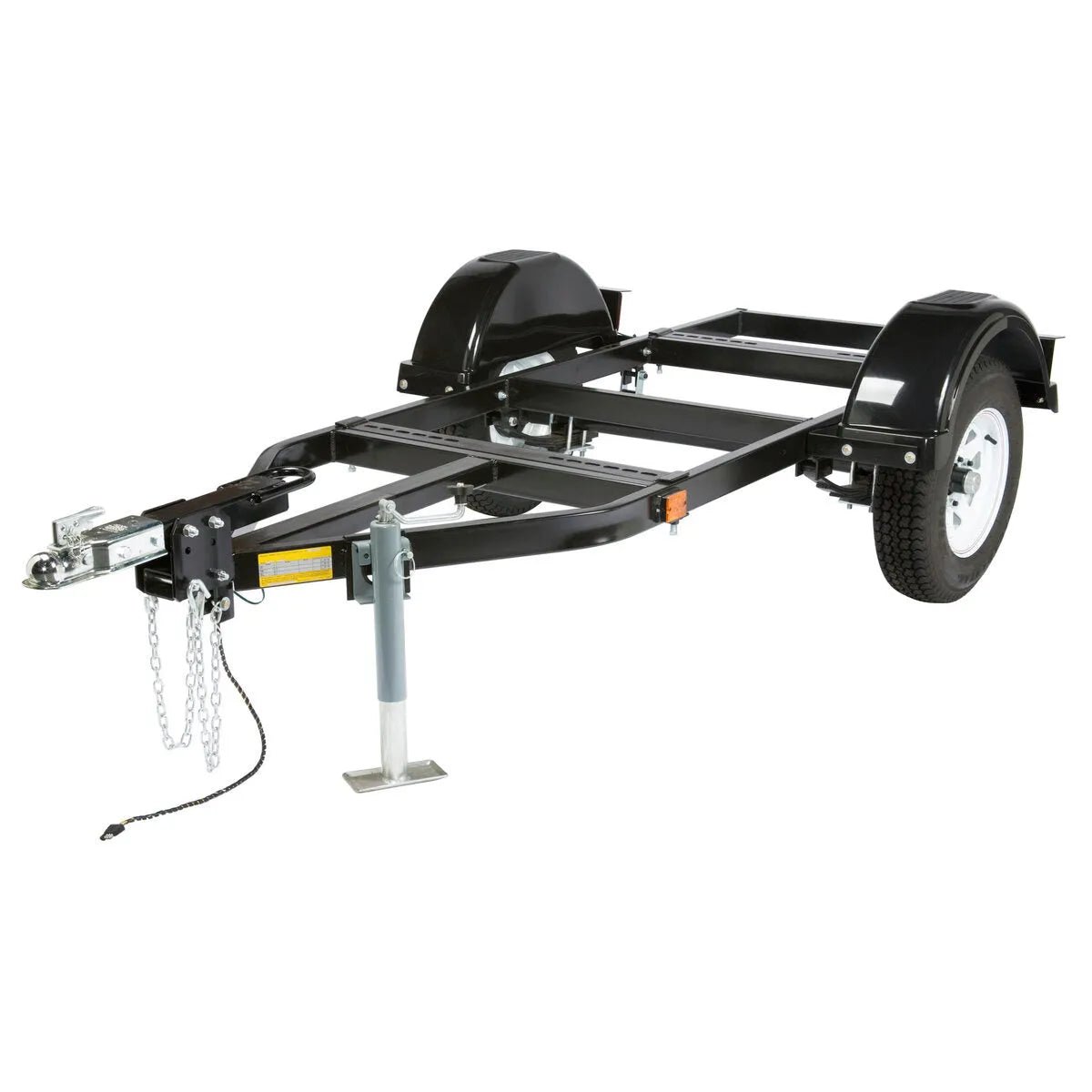 The Lincoln Medium Two-Wheel Welder Trailer K2636-1 features a black heavy-duty frame, two white-rimmed tires, black fenders, front hitch with safety chains, and a jack stand—perfect for hauling welders. Shown on a plain white background.