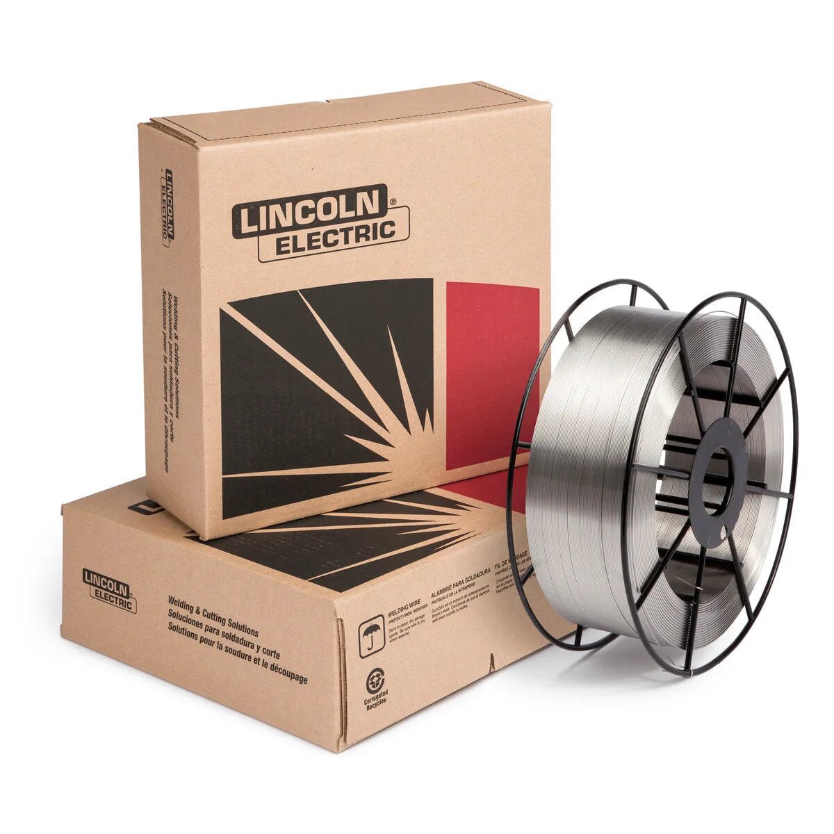 A 33 lb spool of Lincoln MG606035667 Techalloy 606 MIG GMAW Welding Wire (0.035 in) stands upright beside two stacked Lincoln Electric boxes with bold black and red branding, all set against a plain white background.