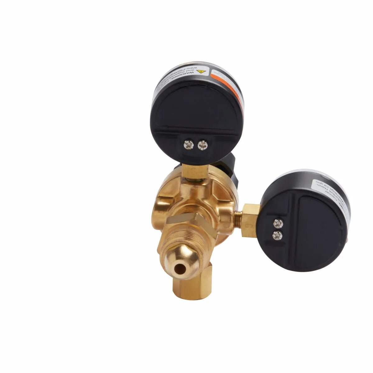 A brass gas regulator compatible with the Lincoln MIG Conversion Kit K610-2 features two black pressure gauges and a central threaded valve, shown front-facing and isolated against a white background—ideal for MIG welding setups.