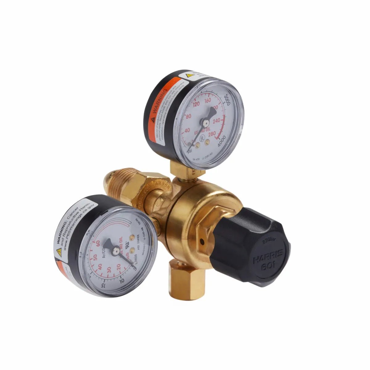 A brass gas regulator with three gauges and a black adjustment knob, labeled “Harris 601,” designed for MIG welding setups or use in the Lincoln MIG Conversion Kit K610-2, shown isolated against a white background.