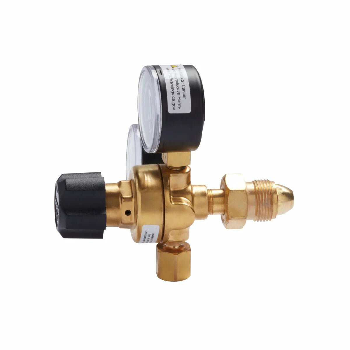 A brass gas regulator with a pressure gauge, black plastic adjustment knob, and threaded connector—compatible with the Lincoln MIG Conversion Kit K610-2—shown isolated on a white background.