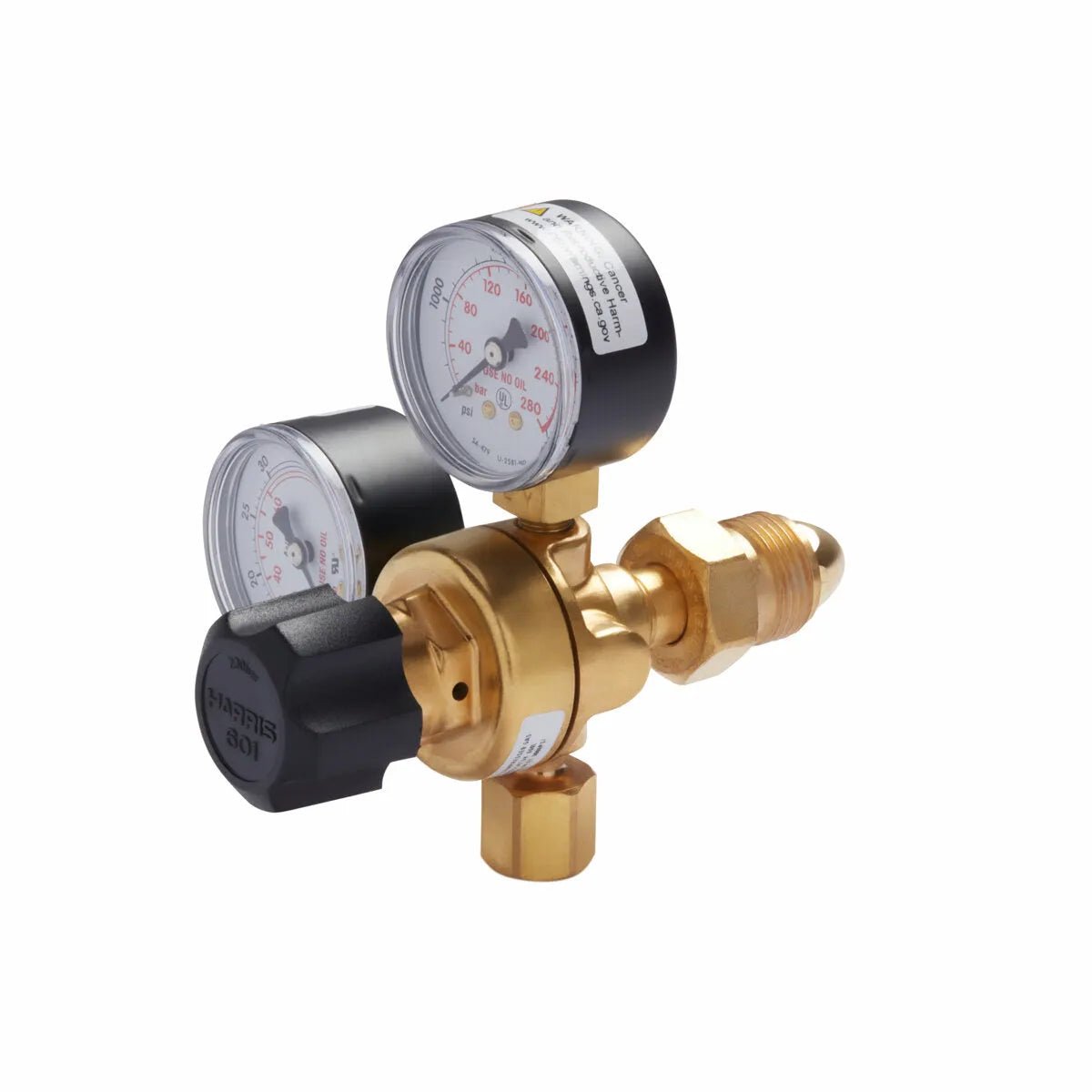 A brass gas regulator with dual pressure gauges, black knob, and multiple connectors is shown against a white background. Suitable for MIG welding or use with the Lincoln MIG Conversion Kit K610-2.