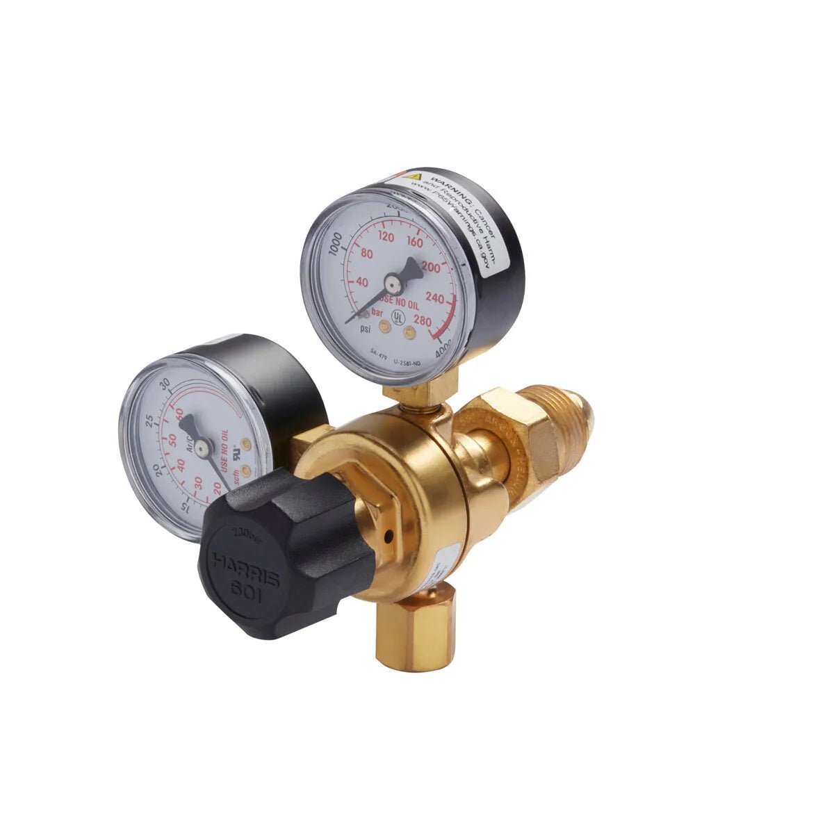 The Lincoln MIG Conversion Kit K610-2 is a brass gas regulator for MIG welding, with two black-faced pressure gauges, a black HARRIS 801 adjustment knob, and multiple fittings for gas tanks and hoses on a plain white background.