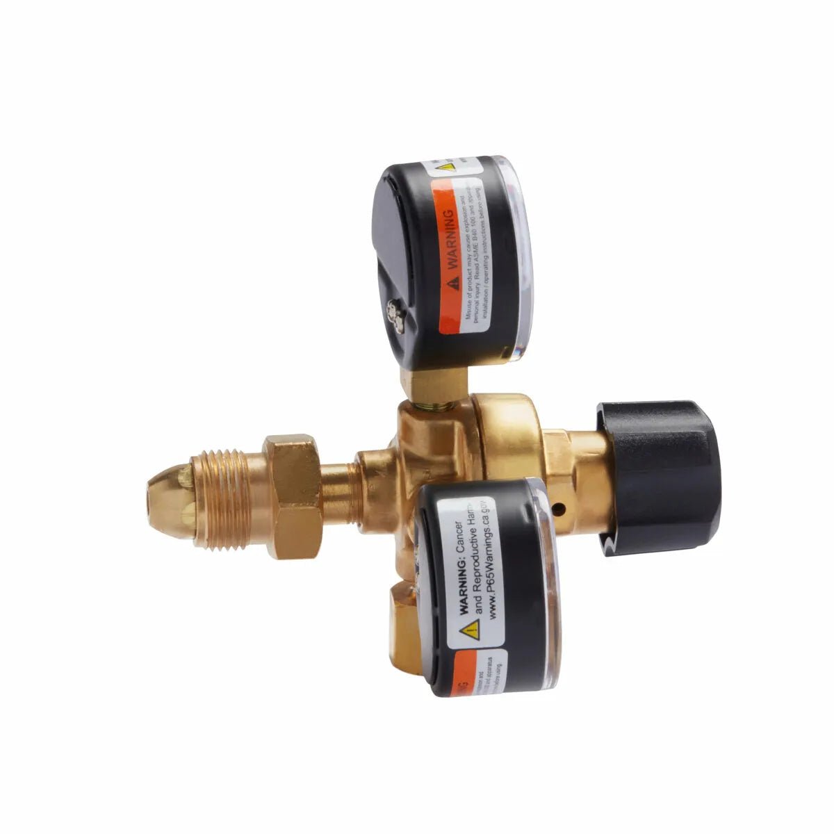 A brass gas pressure regulator with two round gauges and a black control knob, designed for MIG welding or use with the Lincoln MIG Conversion Kit K610-2. Visible threaded inlet on the left. Set against a plain white background.