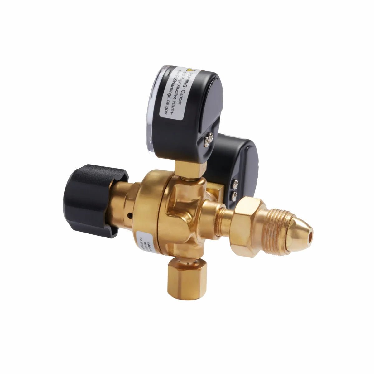 A brass gas regulator with two black gauges and a large black adjustment knob, designed for MIG welding. Ideal for use with threaded connectors and the Lincoln MIG Conversion Kit K610-2.