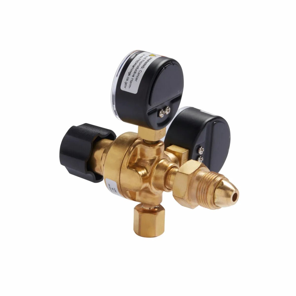 A brass gas pressure regulator with two black gauges, a large left-side plastic adjustment knob, and threaded metal fittings—perfect for use with the Lincoln MIG Conversion Kit K610-2. Shown isolated on a white background.